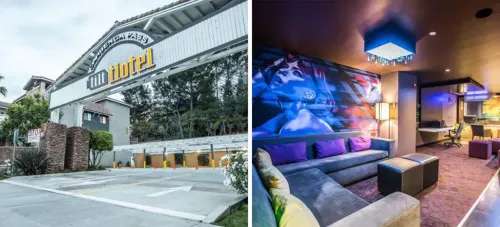 Exterior gate entrance of the Tilt Hotel in Los Angeles (left) and interior lobby area and box office at the Tilt Hotel in Los Angeles (right)